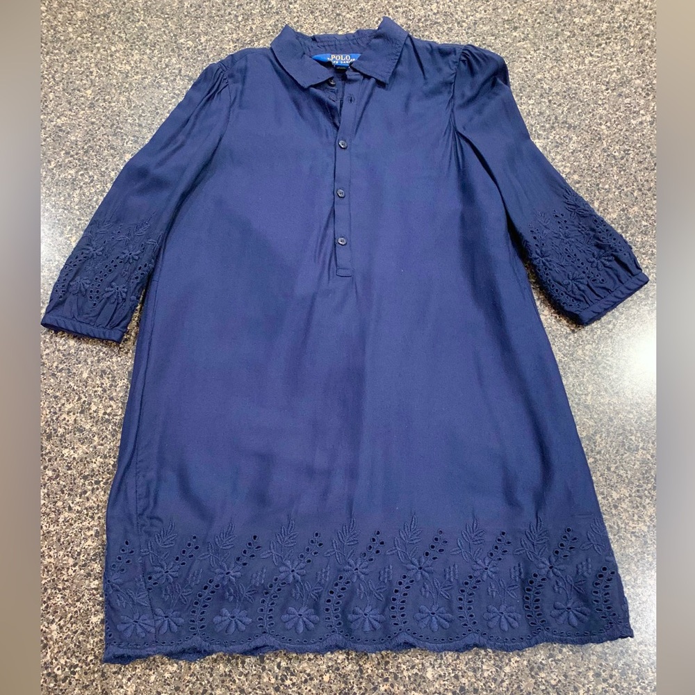 Girls size 5 Ralph Lauren dress. Navy blue with eyelet detail on sleeves.